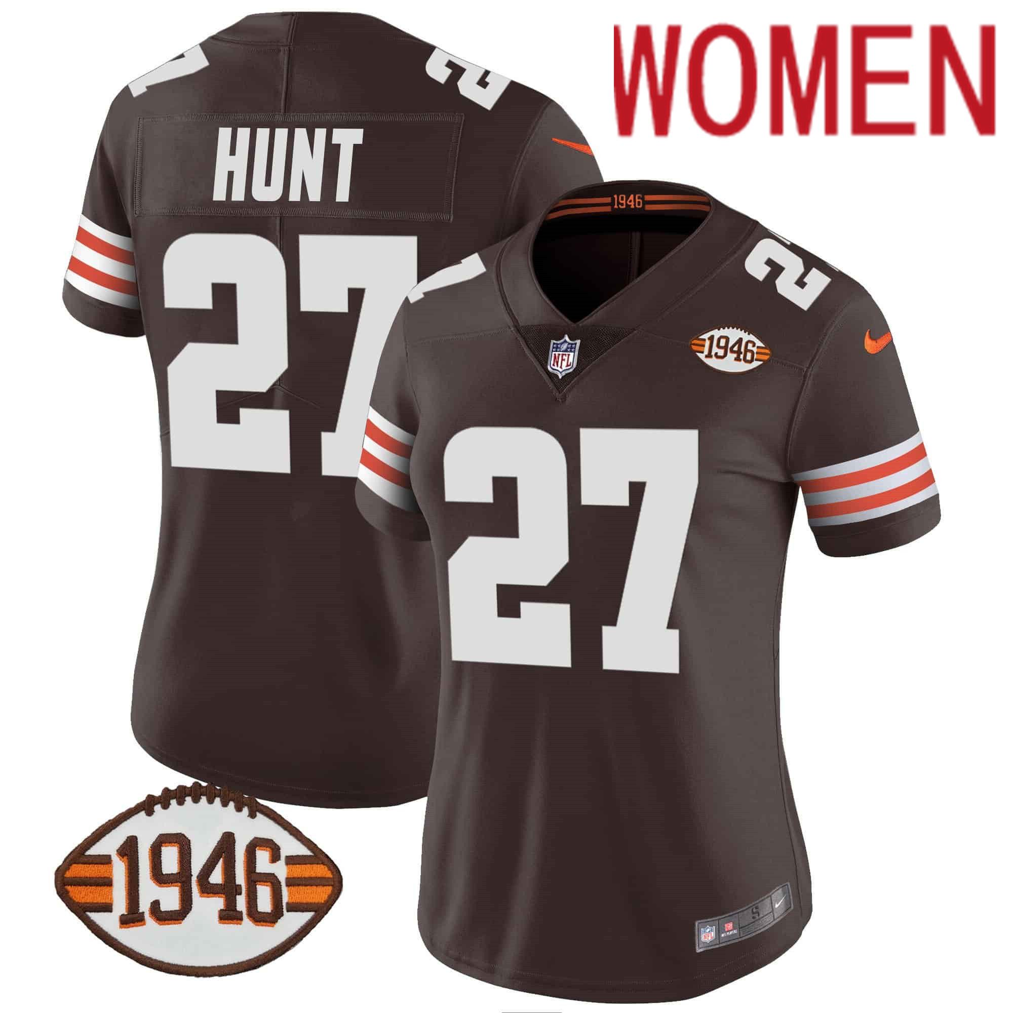 Women Cleveland Browns #27 Hunt Brown 1946 75th Anniversary Patch 2024 Nike NFL Jersey style 1->women nfl jersey->Women Jersey